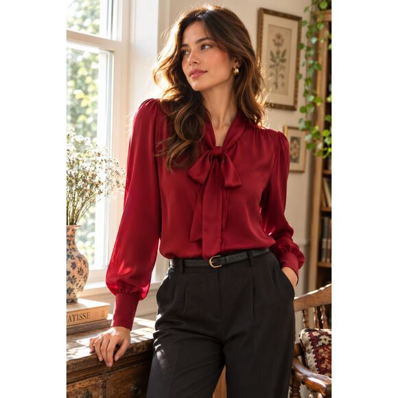 Express Tops - Portofino Bow Tie Neck Blouse Women's M Burgundy Satin Long Sleeve Office Top